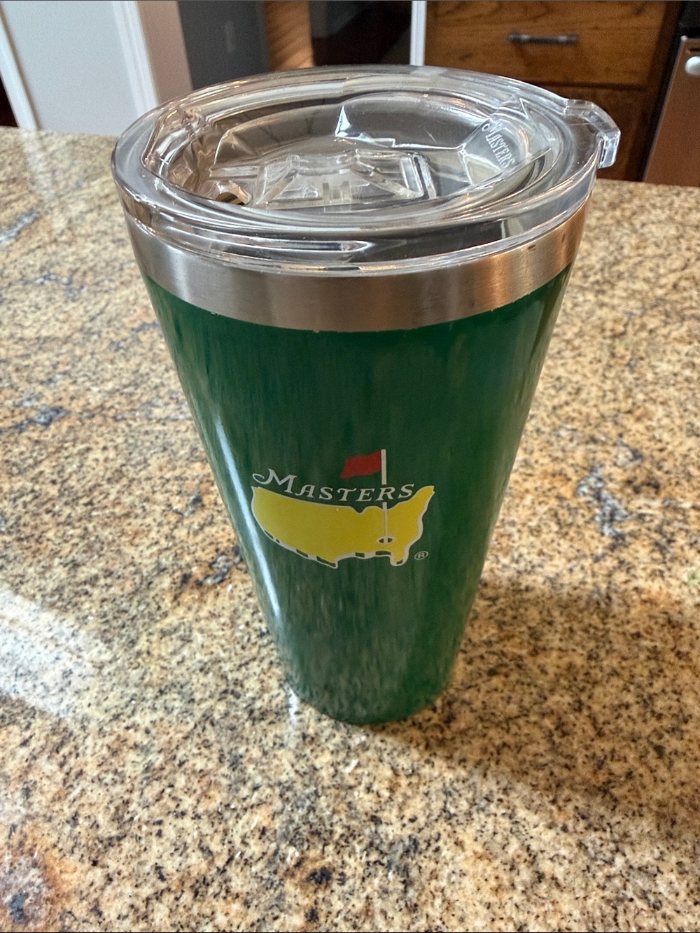 Masters, 16 oz Corkcicle, Green Tumbler with Yellow Logo and Clear Lid